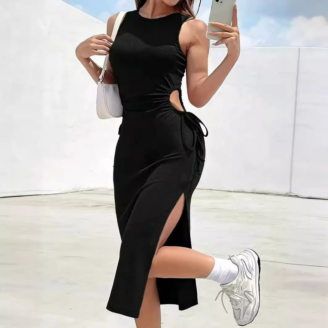 Robe en dentelle fendue sur le côté pour femme, robe de hanche sexy, col rond, conception de fouet,