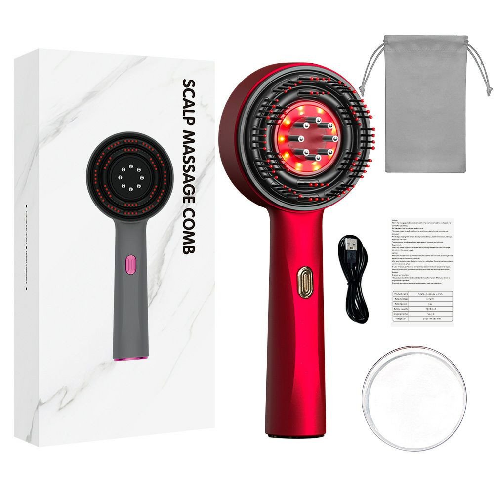 Peigne de massage du cuir chevelu électrique rouge est conçu pour stimuler la pousse des cheveux en combinant la thérapie par la lumière rouge et des vibrations.