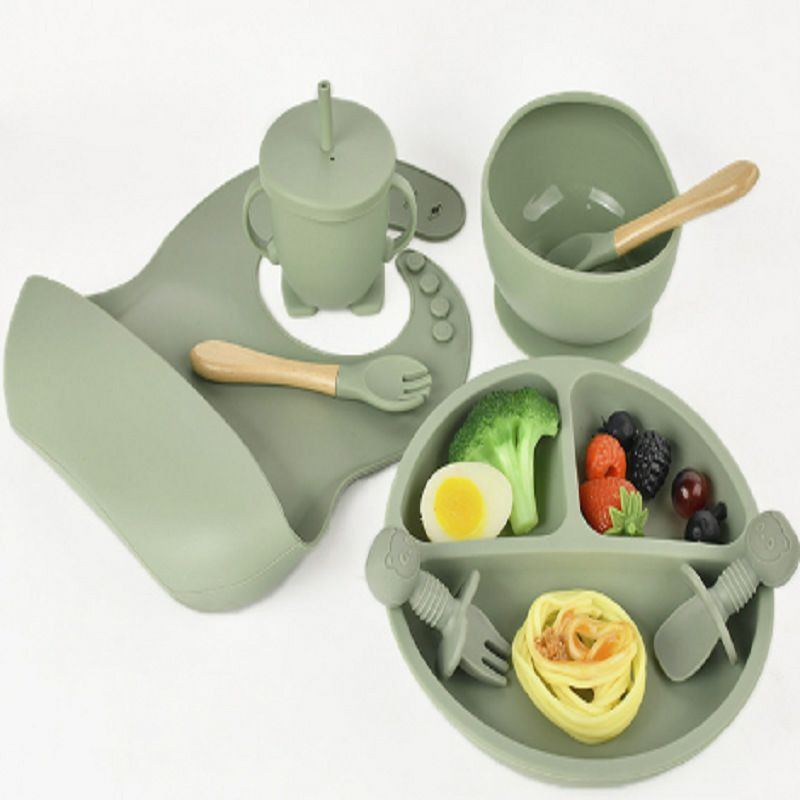 Assiette d'alimentation en silicone pour enfants, lot de 8pieces, pour bebe, bol, tasse, couvert vaisselle pour sevrage et apprentissage a manger