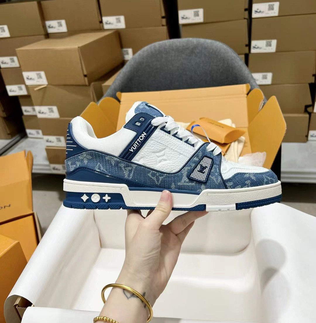 Baskets basses en cuir Louis Vuitton pour homme & femme, chaussures tendance, antidérapantes, style décontracté, blanches et bleues