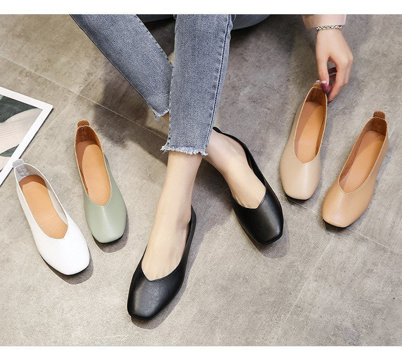Chaussures simples pour femmes, nouveau style chaussures en cuir souple chaussures plates rétro pour femmes bout carré à bouche peu profonde