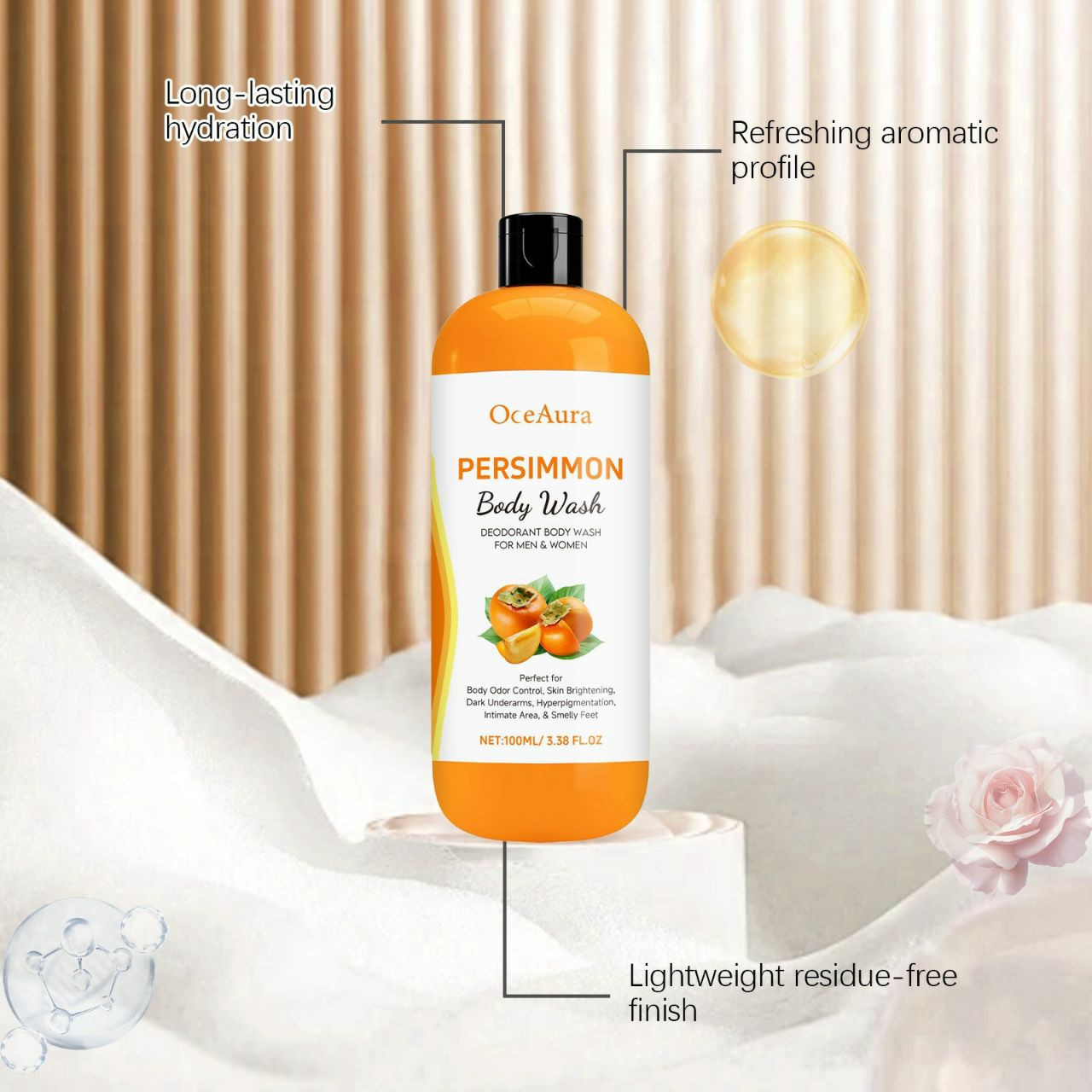 Gel douche désodorisant Oceaura Persimmon Body Wash, formulé avec des extraits de kaki, de romarin et de lavande.