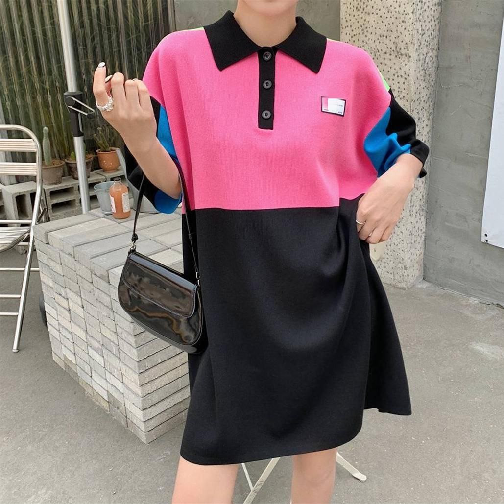 Col POLO ample de style coréen, robe tricotée mi-longue de couleur contrastée à la mode pour femmes, nouvelle saison