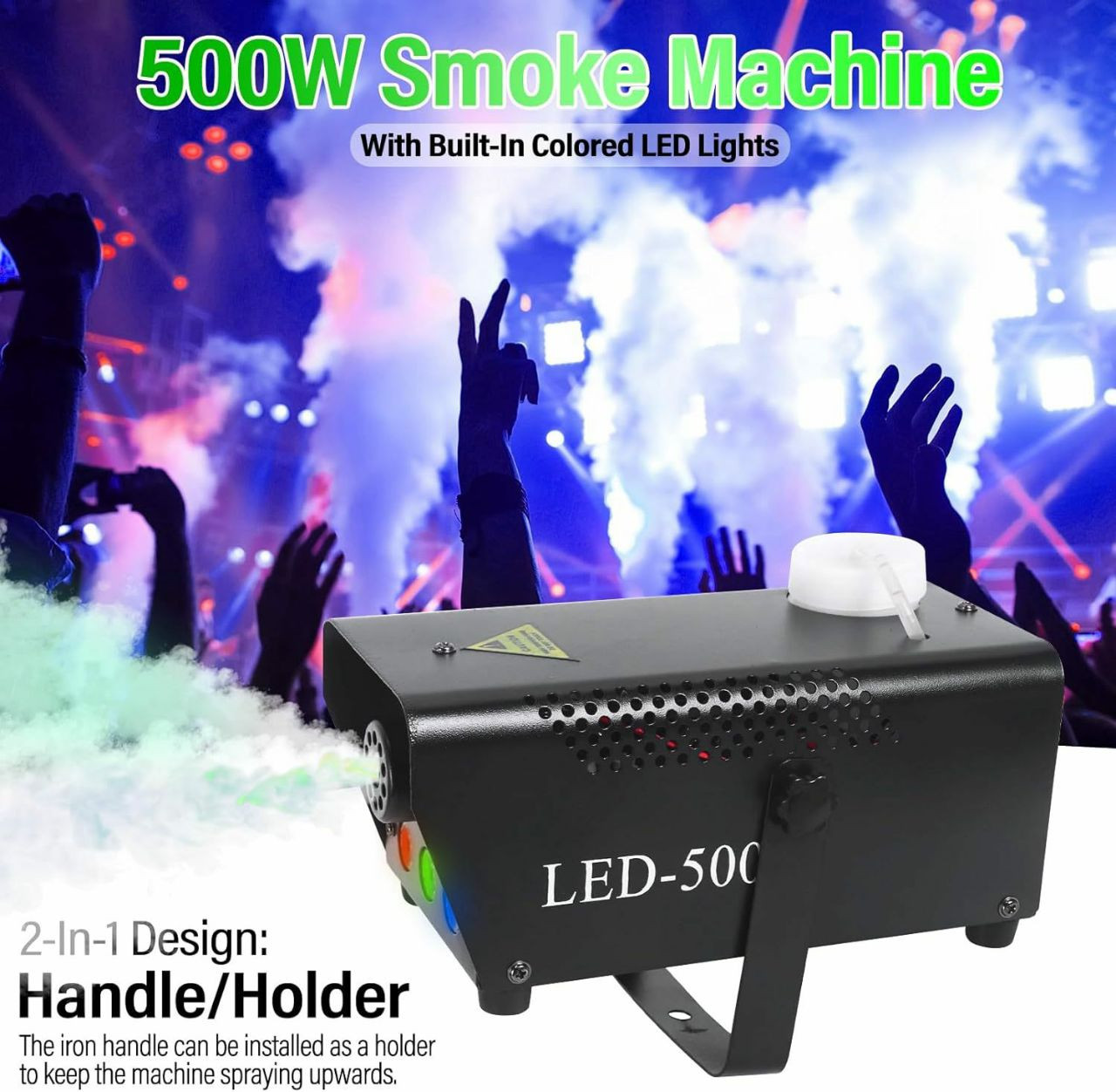 Machine à fumée portable de 500 W dotée de lumières LED colorées, parfaite pour animer vos fêtes, mariages ou spectacles.